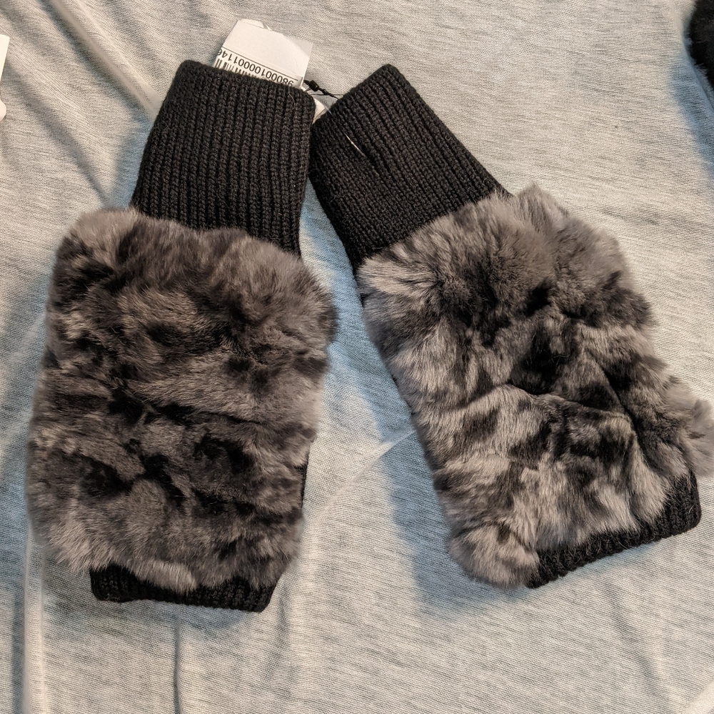 JOCELYN RABBIT FUR TOPPED WOOL BLEND FINGERLESS GLOVES MITTENS - Picture 4 of 5